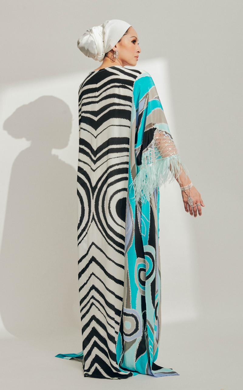 Zebra Batik Kaftan with Feathers