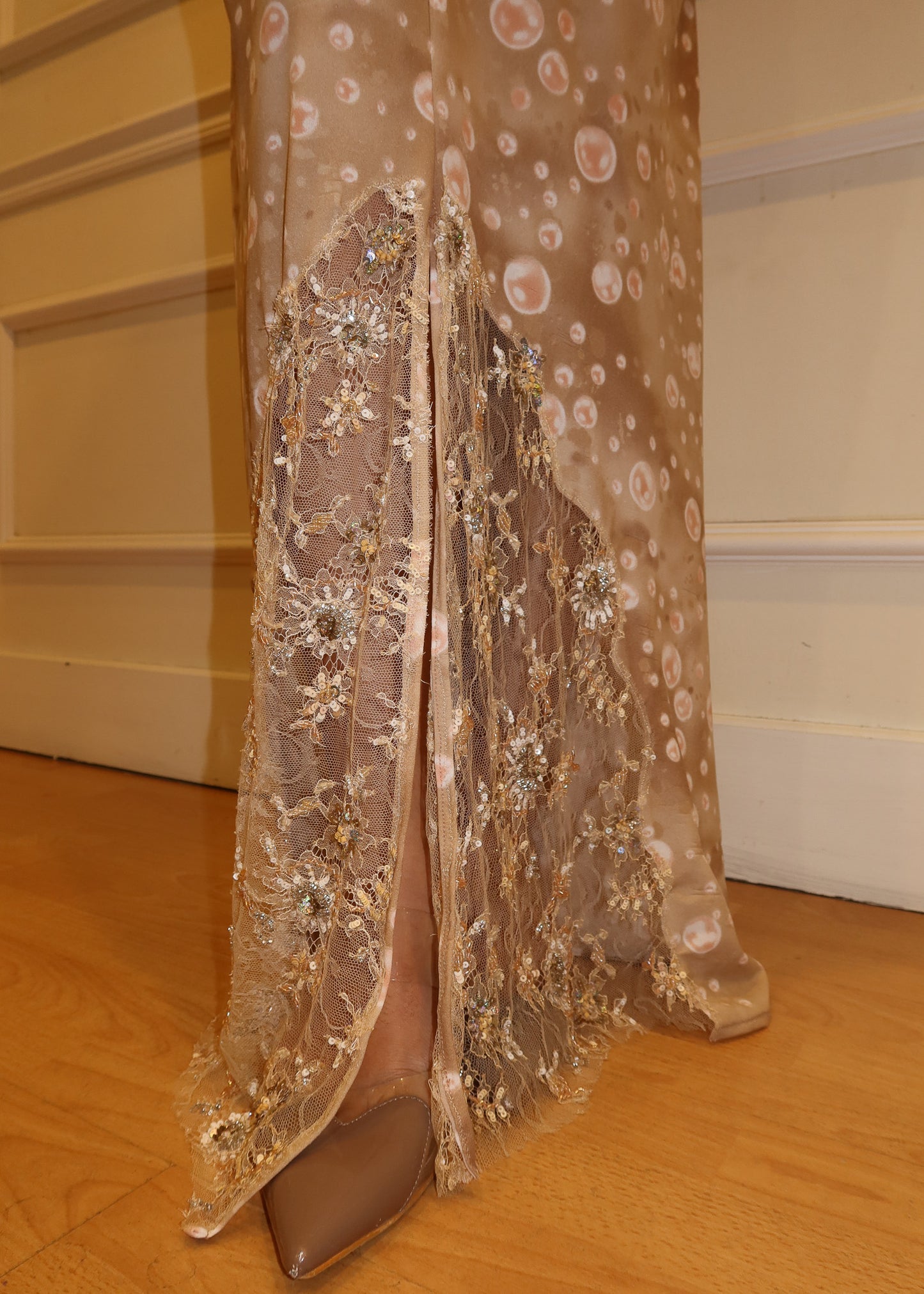 Printed Chiffon Silk Asymmetrical Dress with Beaded French Lace