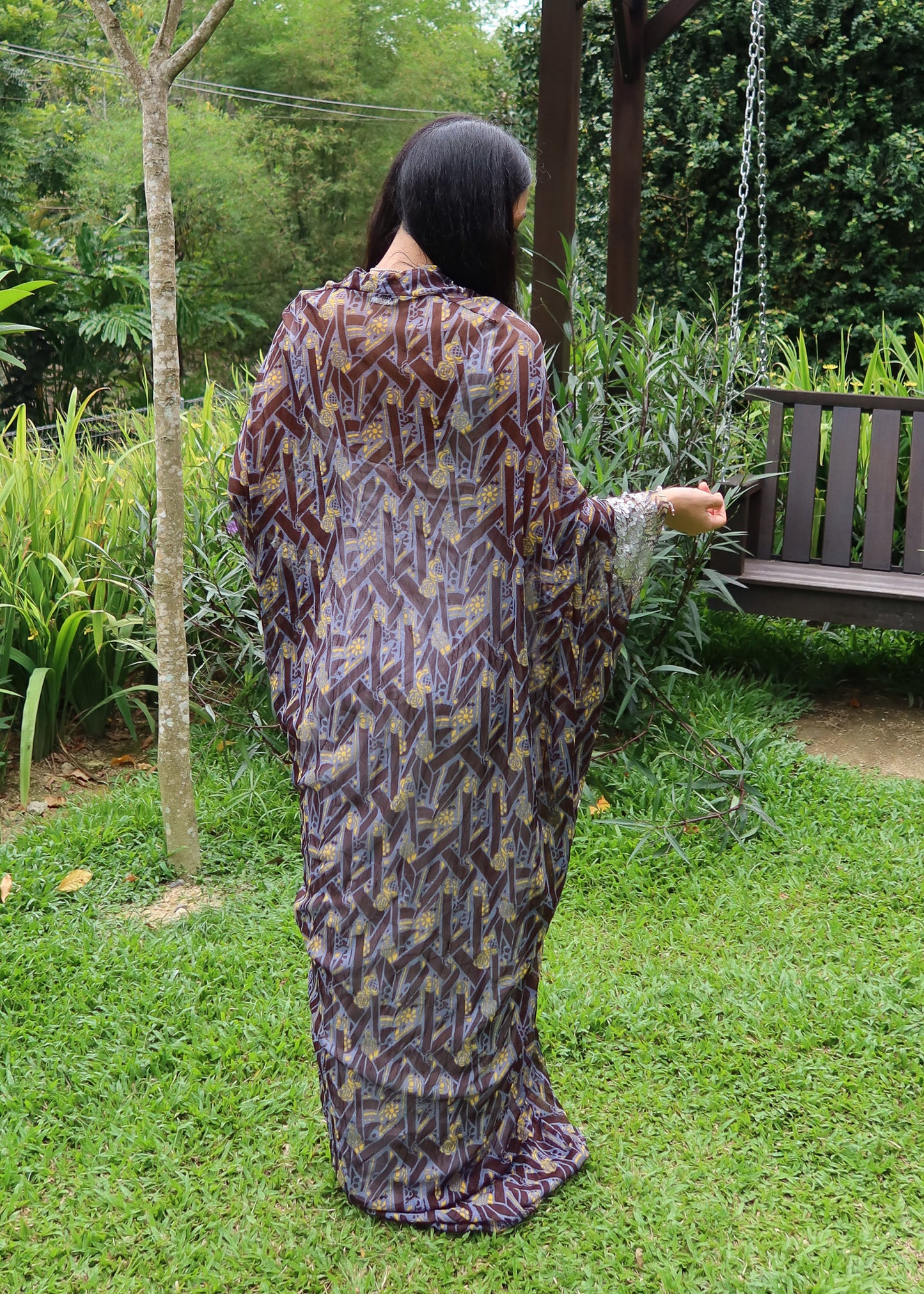 Asymetrical Printed Brown Dress with Lace