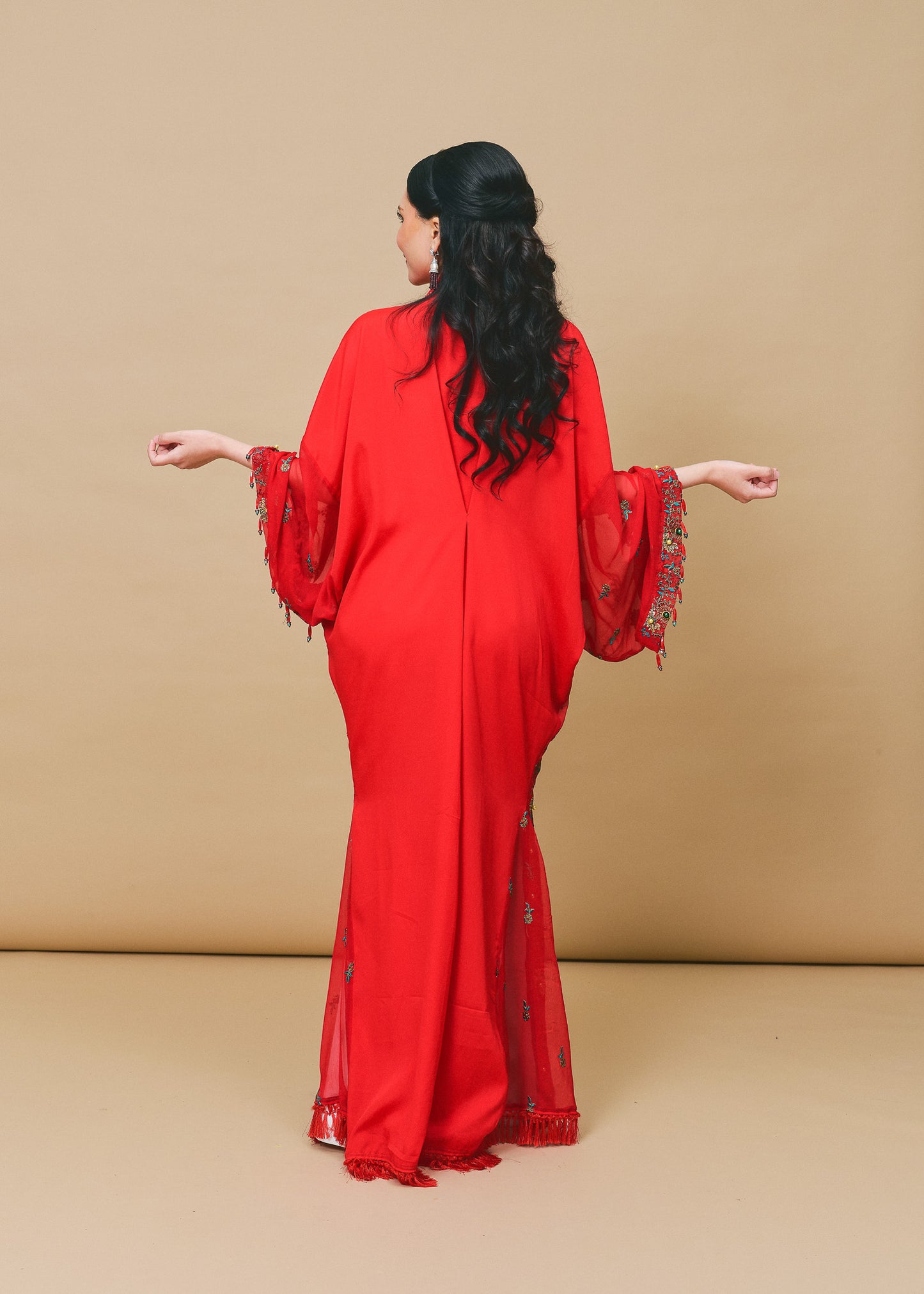 Lace Red Chiffon Silk Abaya with Lace