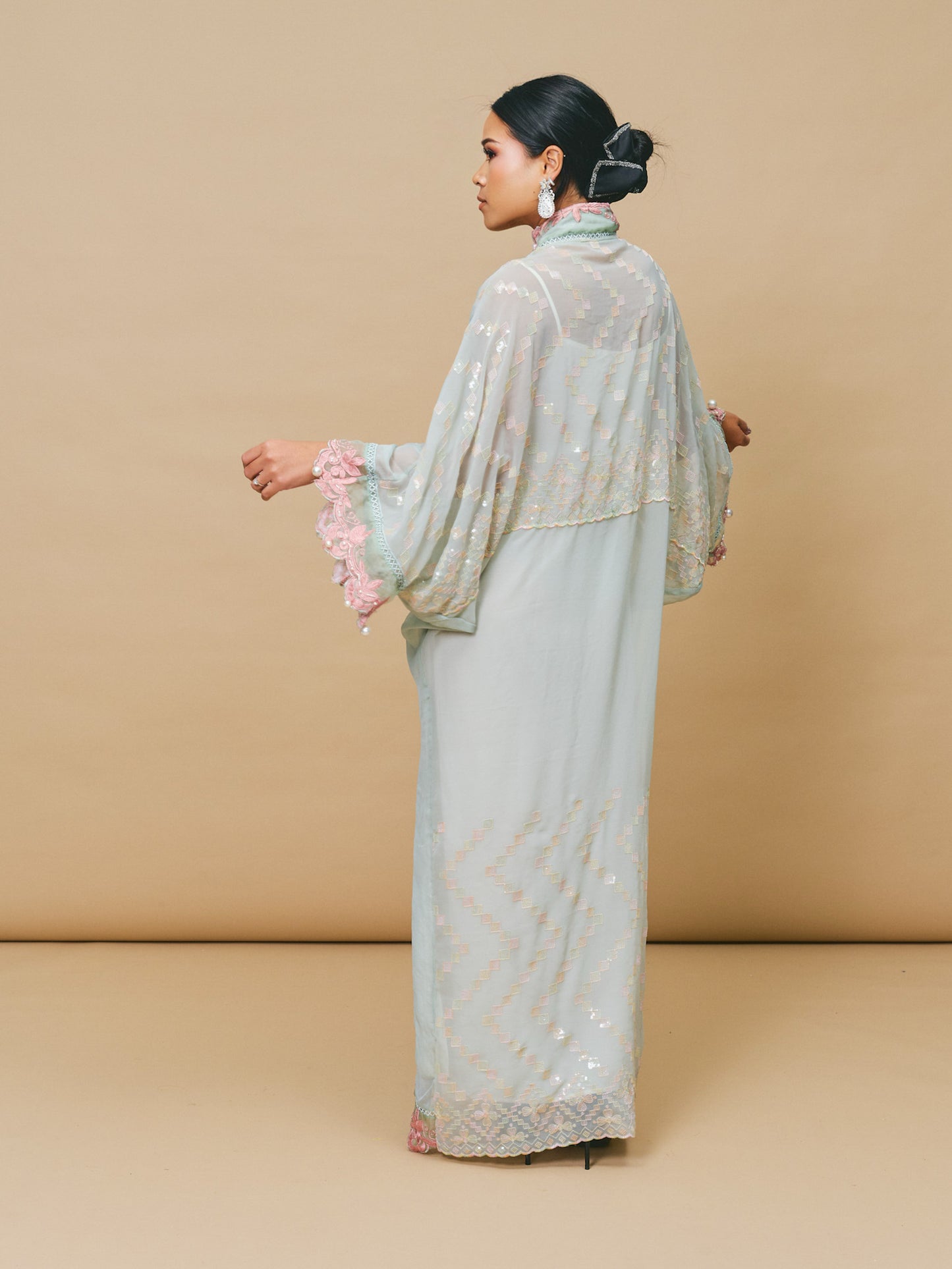Sage Green Abaya with Blush Pink Lace