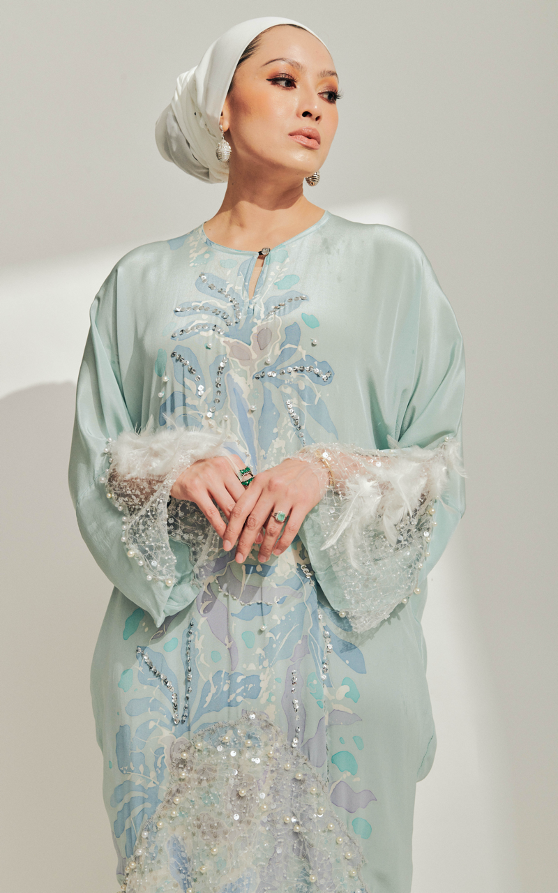Baby Blue Batik Dress with Feathers
