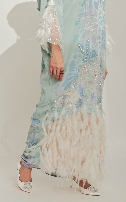 Baby Blue Batik Dress with Feathers
