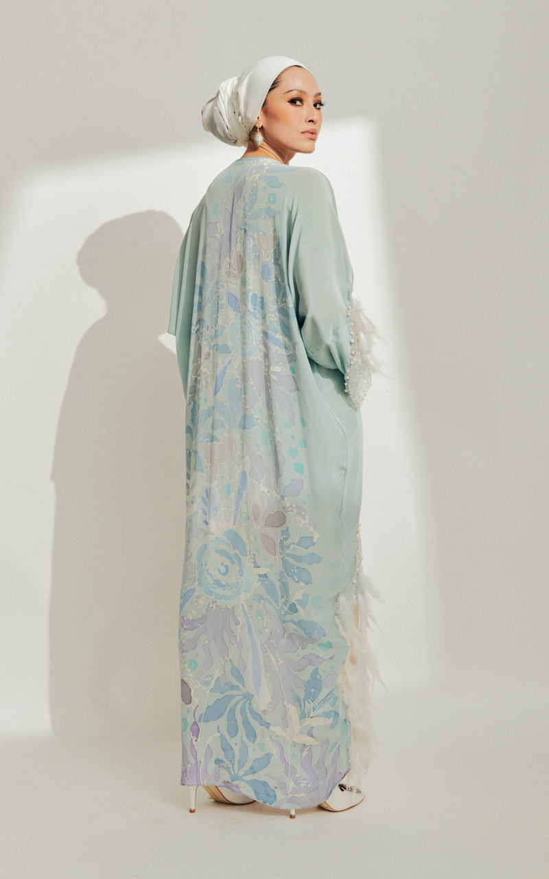 Baby Blue Batik Dress with Feathers