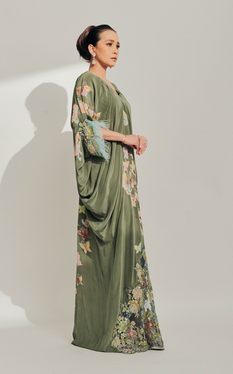 Sage Green Batik Dress with Feathers