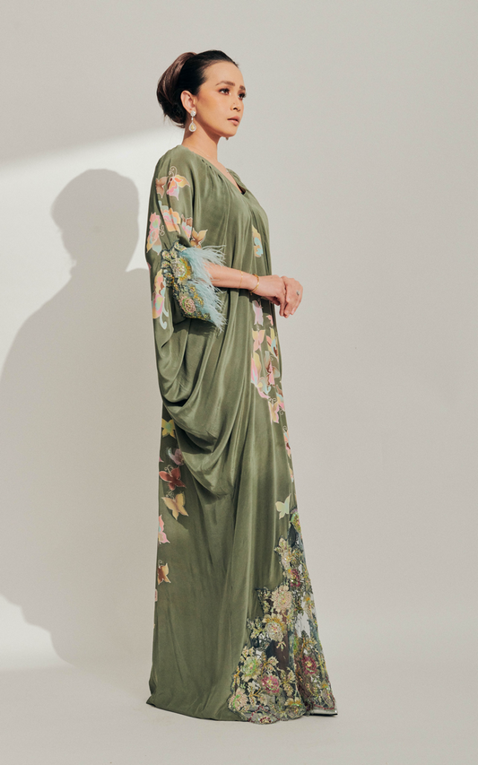 Sage Green Batik Dress with Feathers