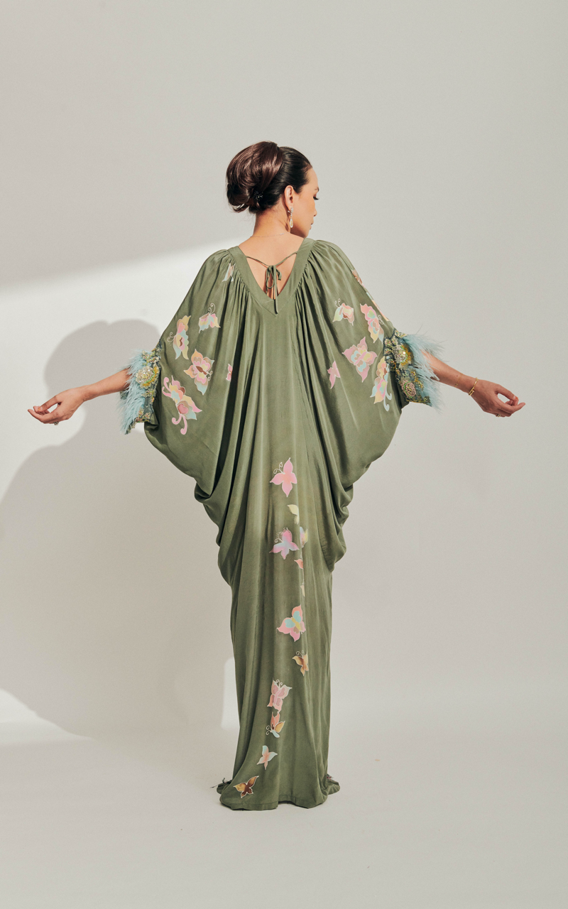 Sage Green Batik Dress with Feathers