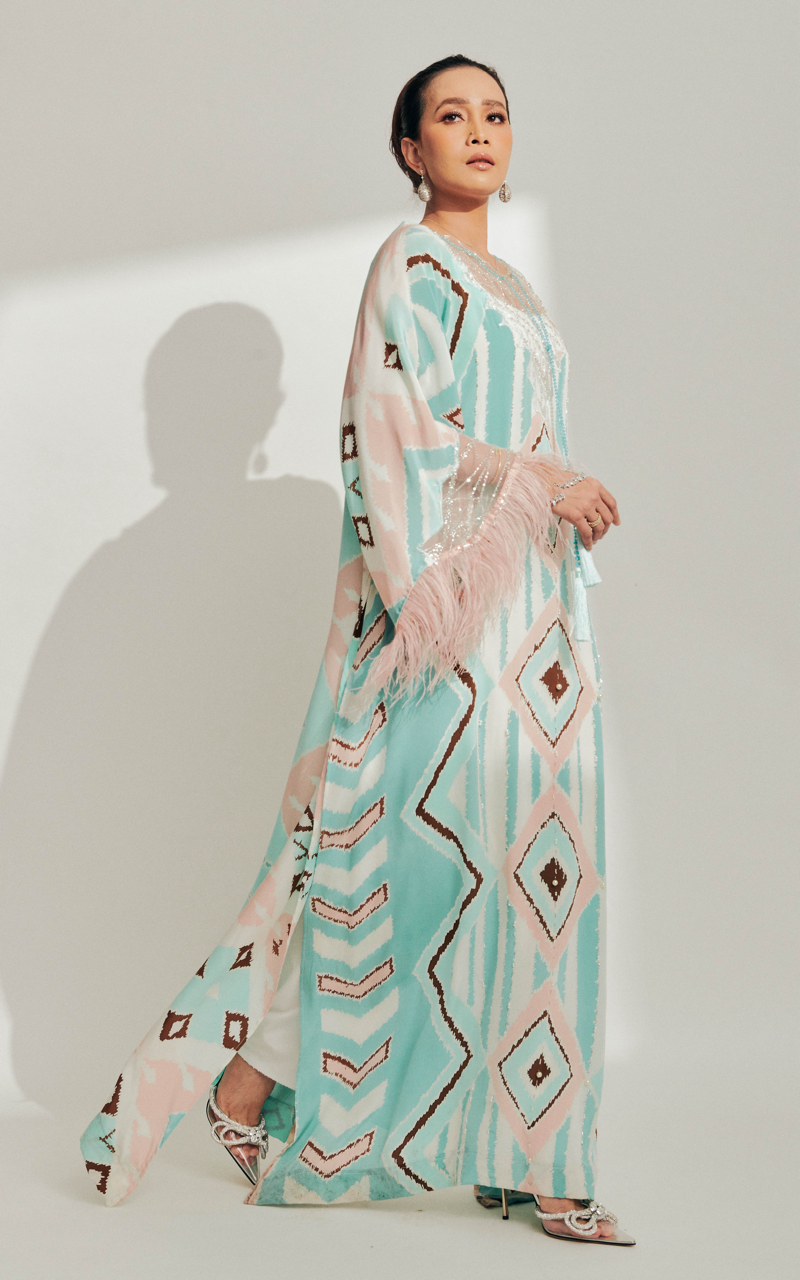 Pastel Batik Kaftan with Baby Pink Feathers