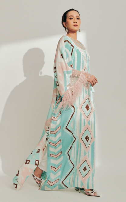 Pastel Batik Kaftan with Baby Pink Feathers