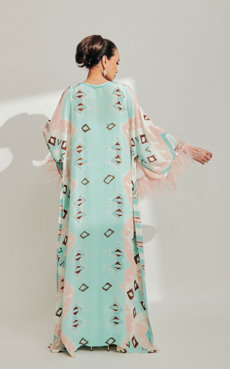 Pastel Batik Kaftan with Baby Pink Feathers