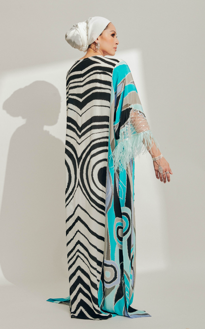 Zebra Batik Kaftan with Feathers