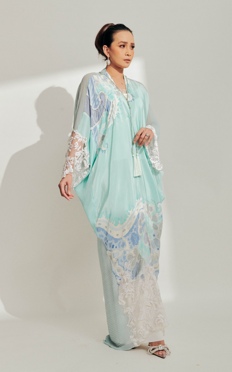 Baby Blue Batik Kaftan with 3D Lace