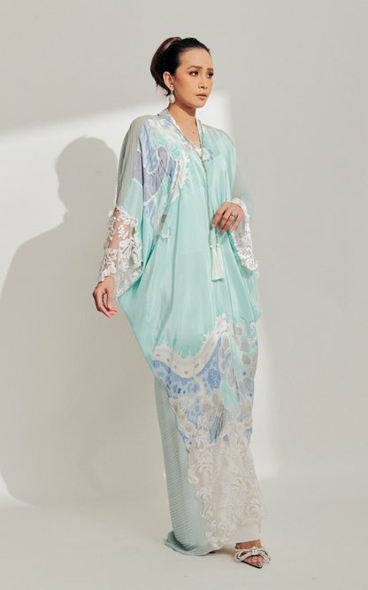 Baby Blue Batik Kaftan with 3D Lace