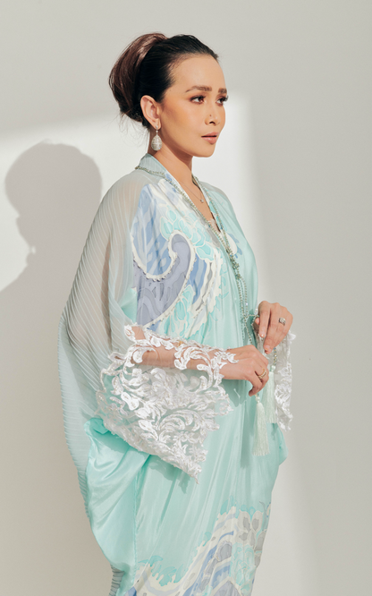 Baby Blue Batik Kaftan with 3D Lace