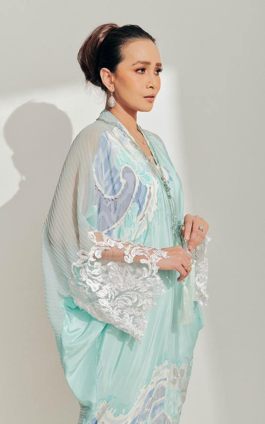 Baby Blue Batik Kaftan with 3D Lace