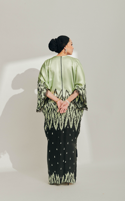 Sage Green Batik Silk Dress with Lace