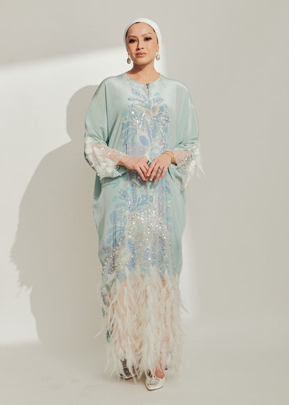 Baby Blue Batik Dress with Feathers