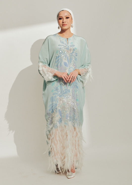 Baby Blue Batik Dress with Feathers
