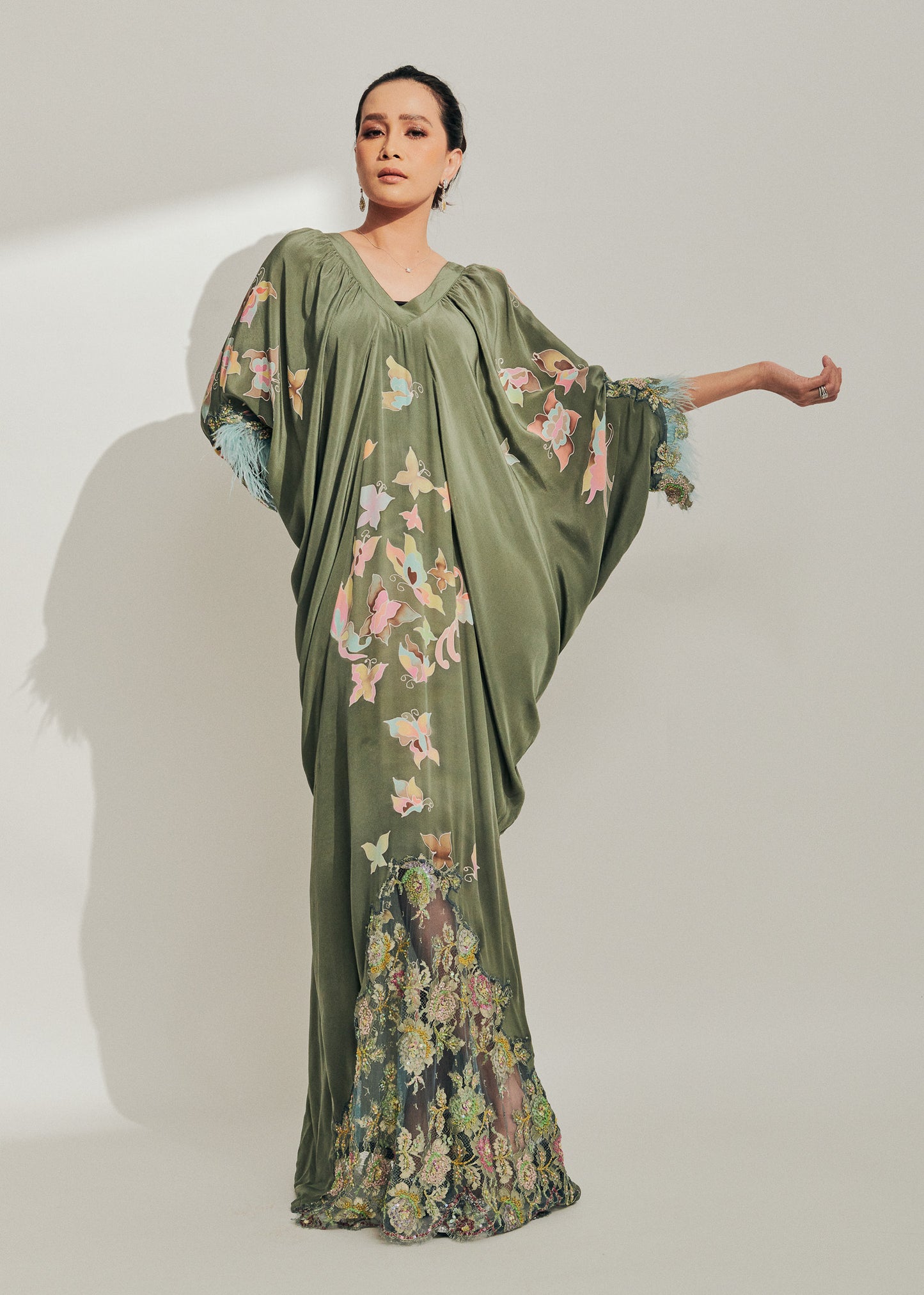 Sage Green Batik Dress with Feathers