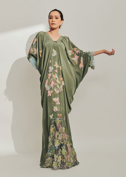 Sage Green Batik Dress with Feathers