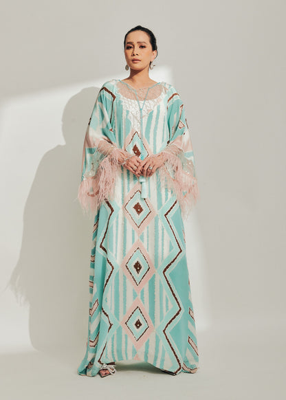 Pastel Batik Kaftan with Baby Pink Feathers