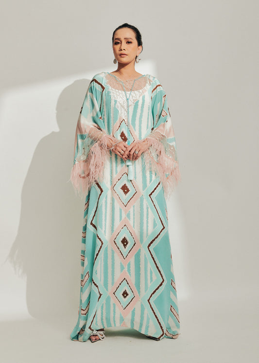 Pastel Batik Kaftan with Baby Pink Feathers