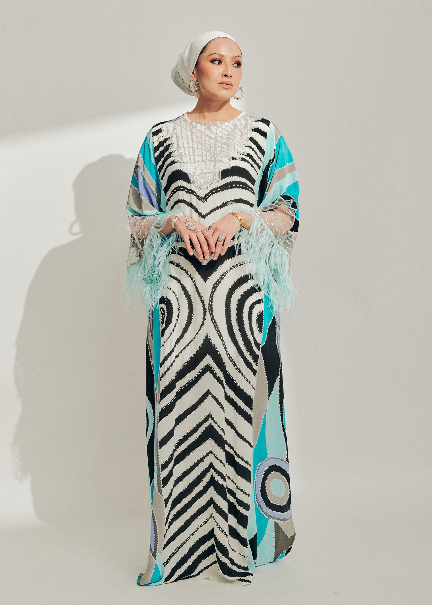 Zebra Batik Kaftan with Feathers