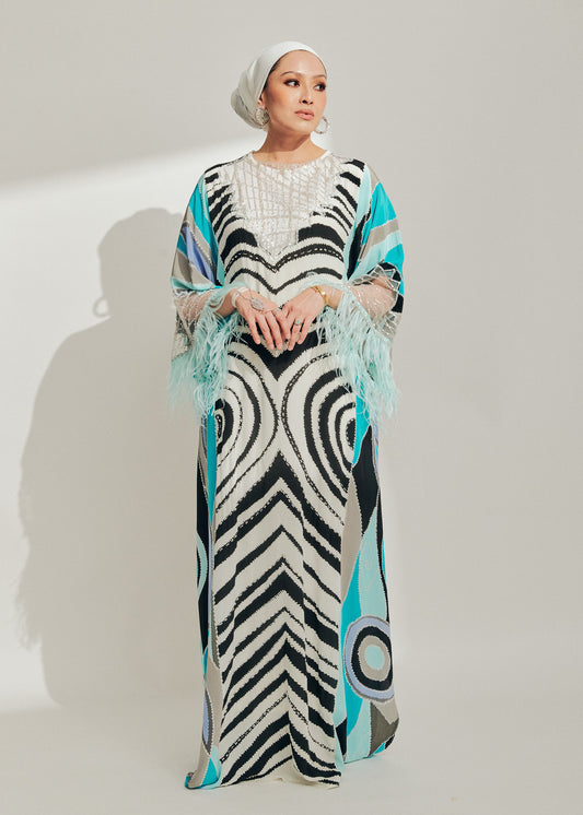 Zebra Batik Kaftan with Feathers
