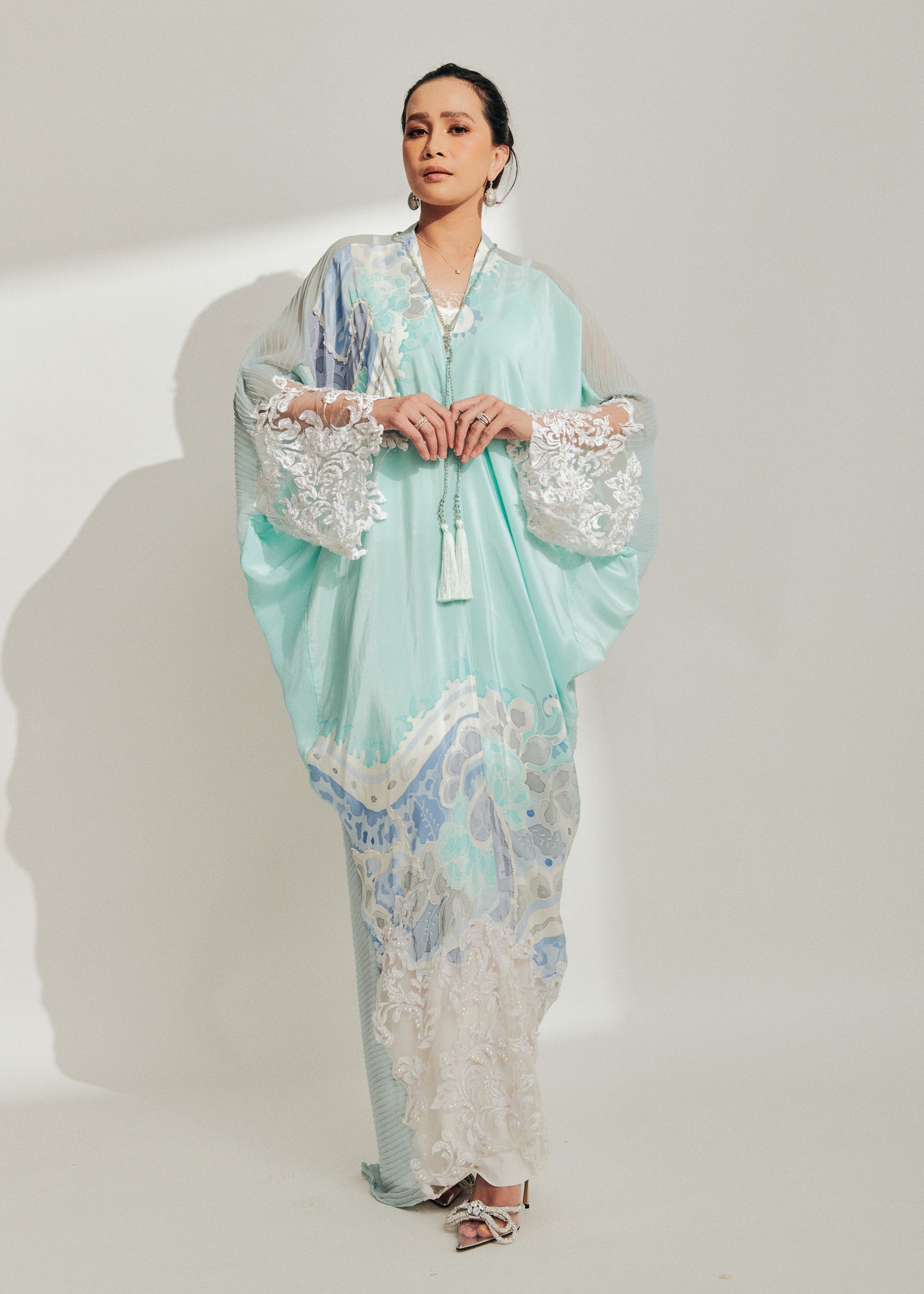 Baby Blue Batik Kaftan with 3D Lace