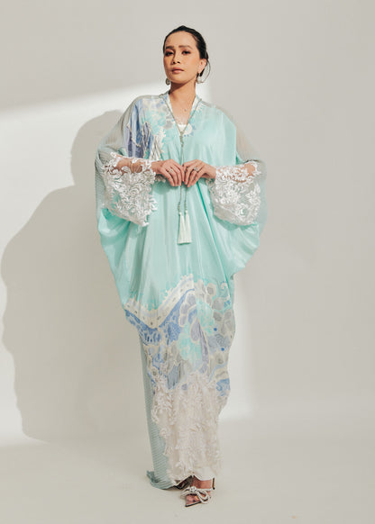 Baby Blue Batik Kaftan with 3D Lace
