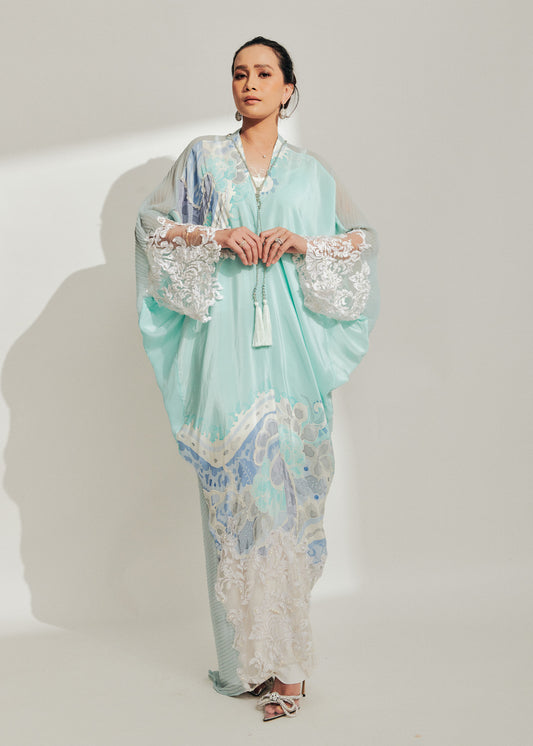 Baby Blue Batik Kaftan with 3D Lace