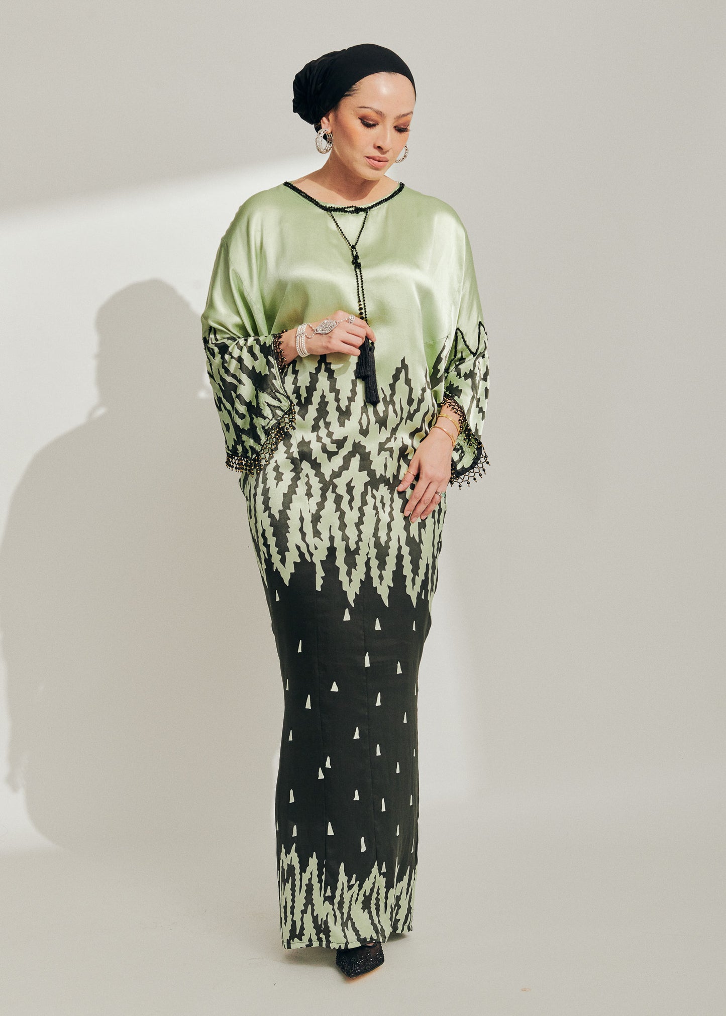 Sage Green Batik Silk Dress with Lace
