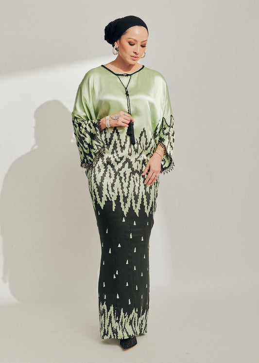 Sage Green Batik Silk Dress with Lace
