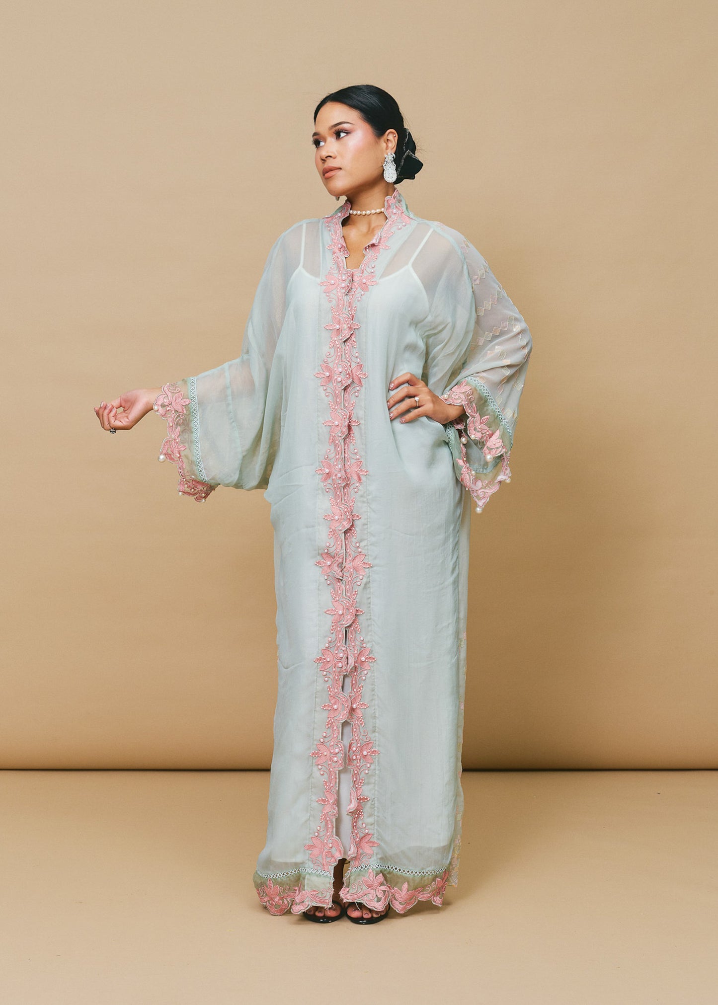 Sage Green Abaya with Blush Pink Lace