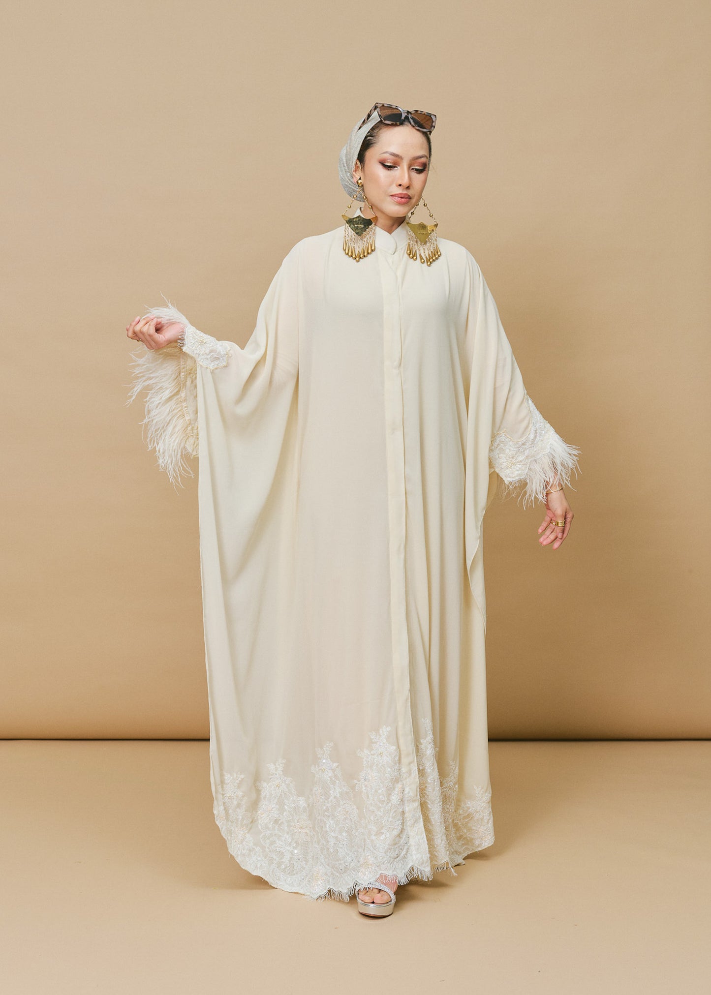 Ivory Chiffon Silk Buttoned Kaftan with Feathers