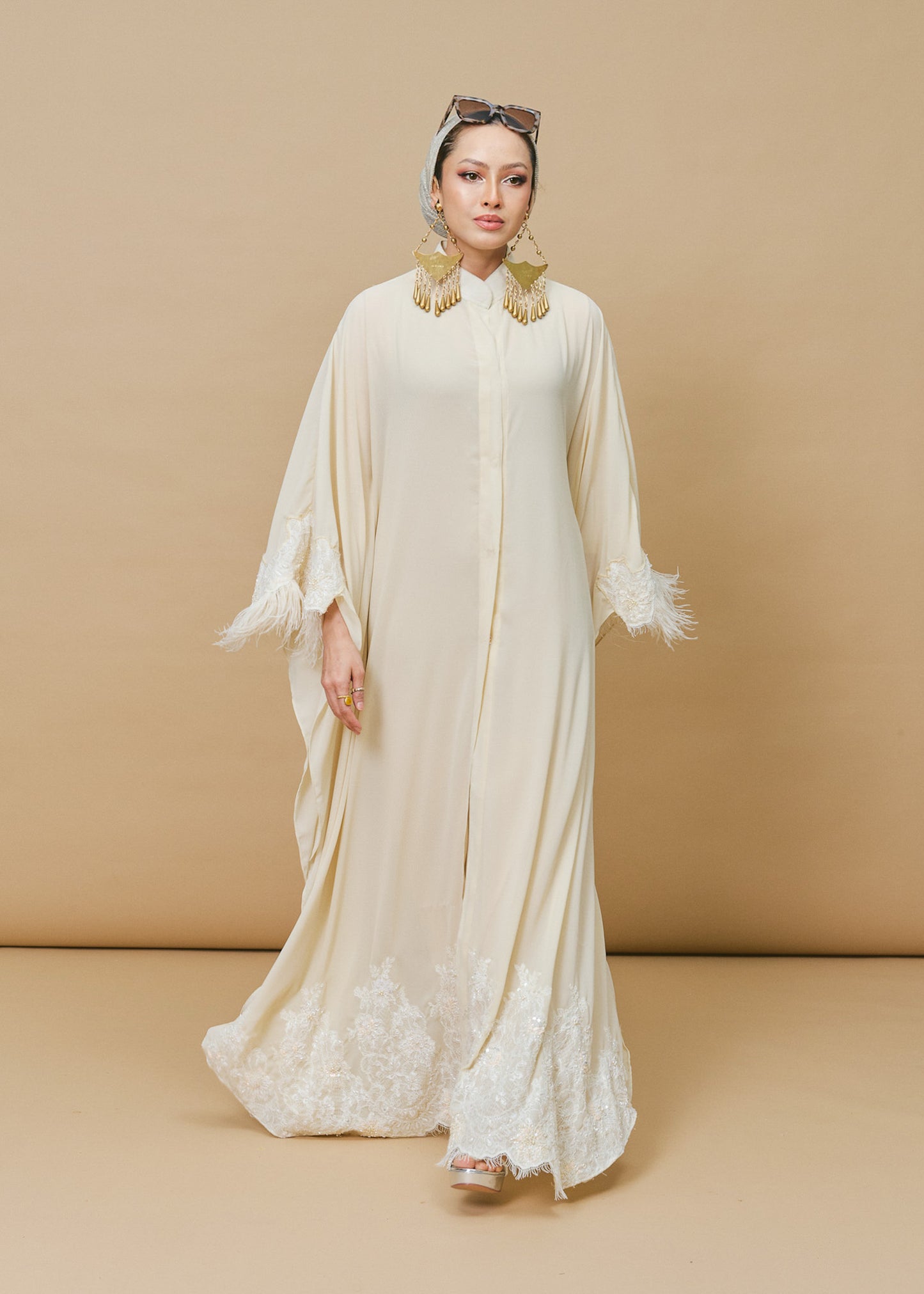 Ivory Chiffon Silk Buttoned Kaftan with Feathers