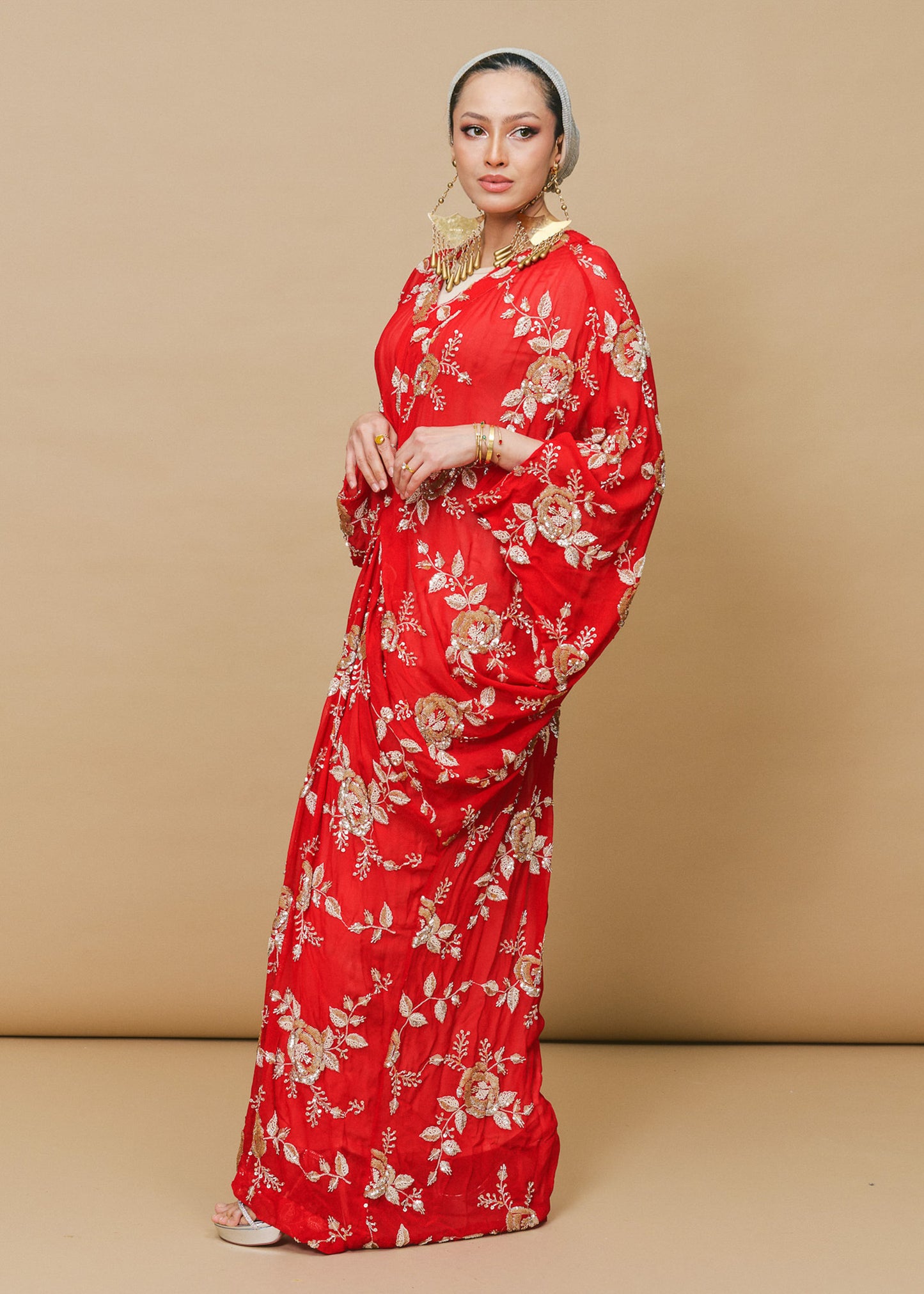 Lace Red Embroided Chiffon Silk Kaftan