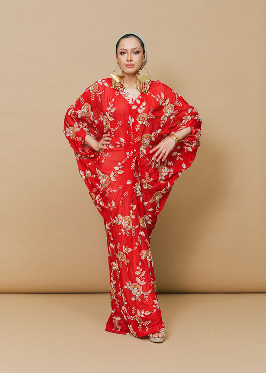 Lace Red Embroided Chiffon Silk Kaftan