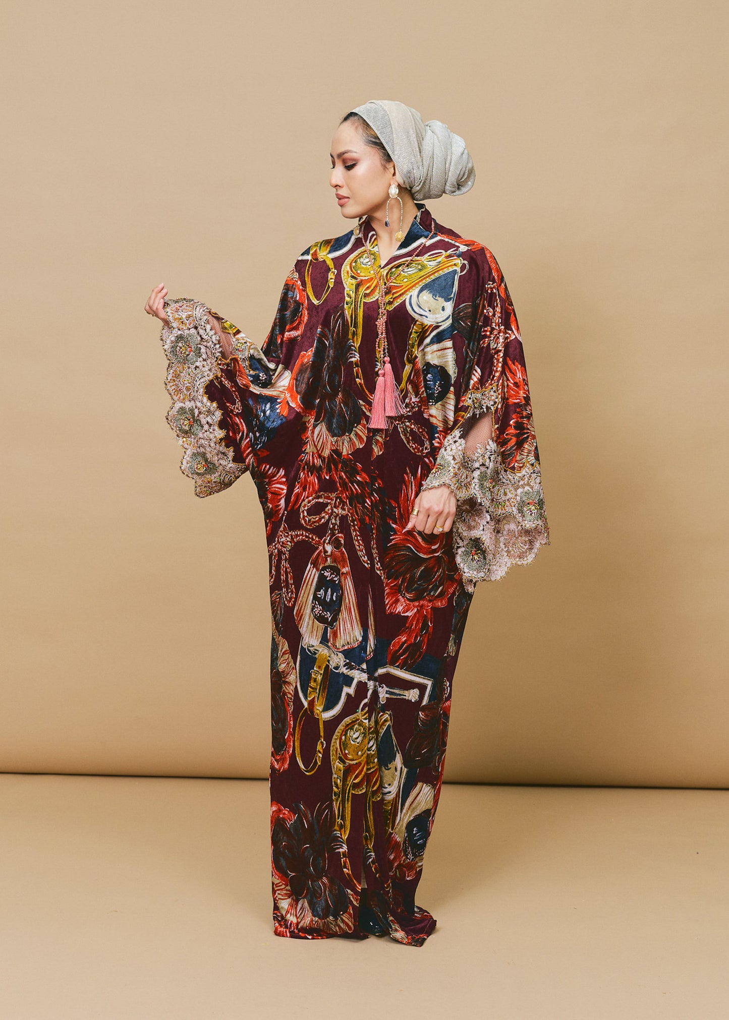 Velvet Silk Outerwear with French Lace