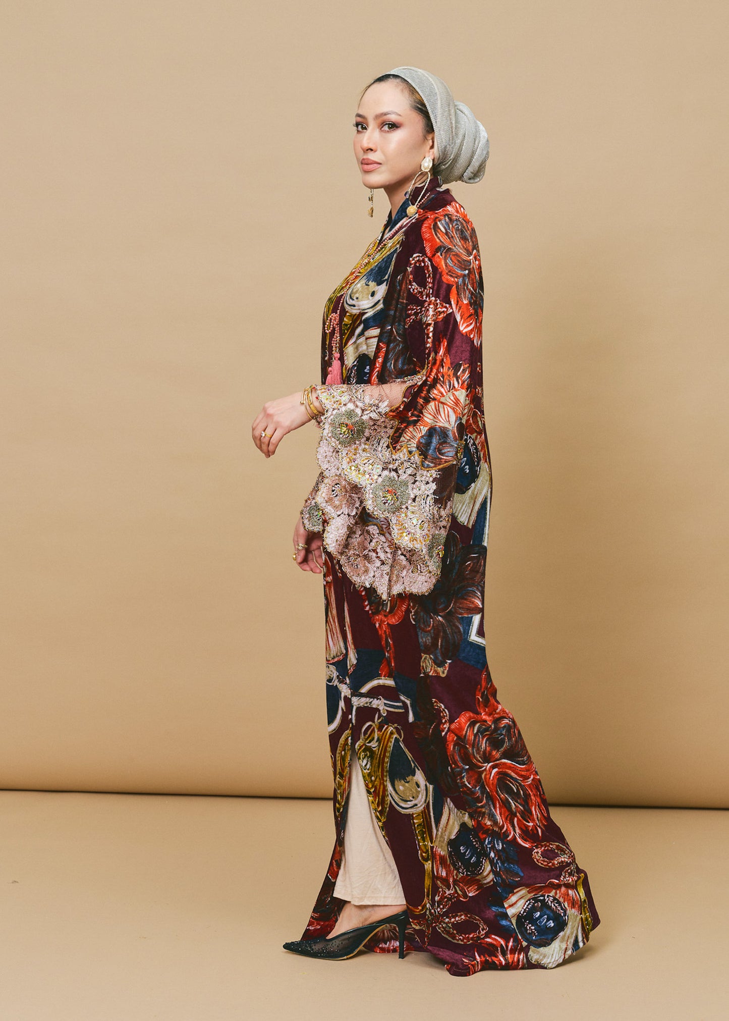 Velvet Silk Outerwear with French Lace