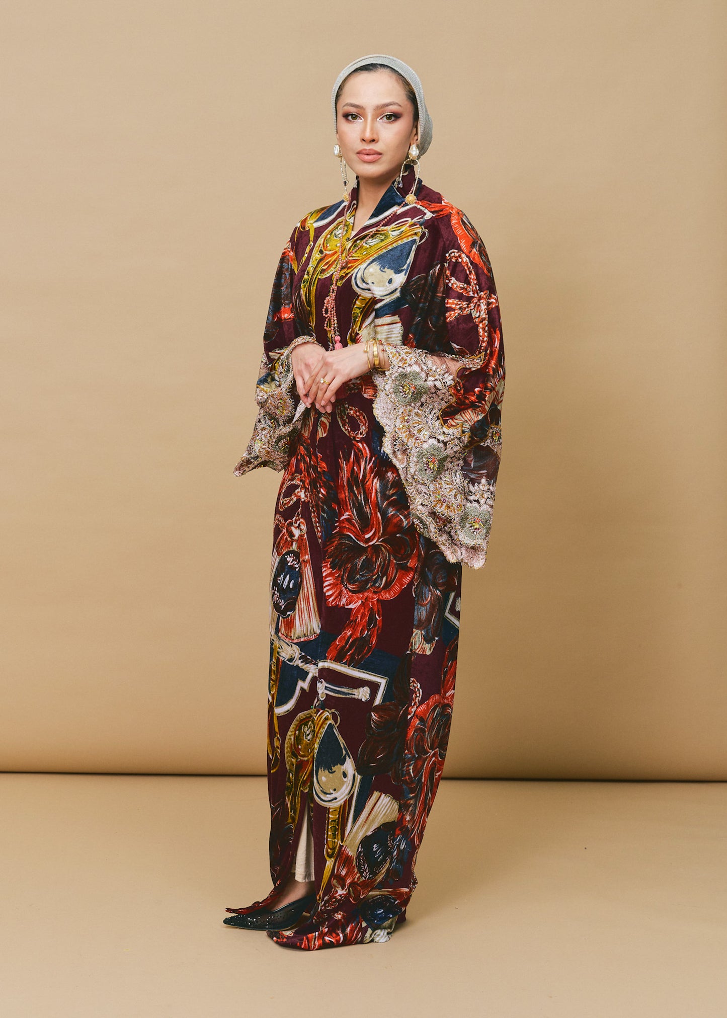 Velvet Silk Outerwear with French Lace
