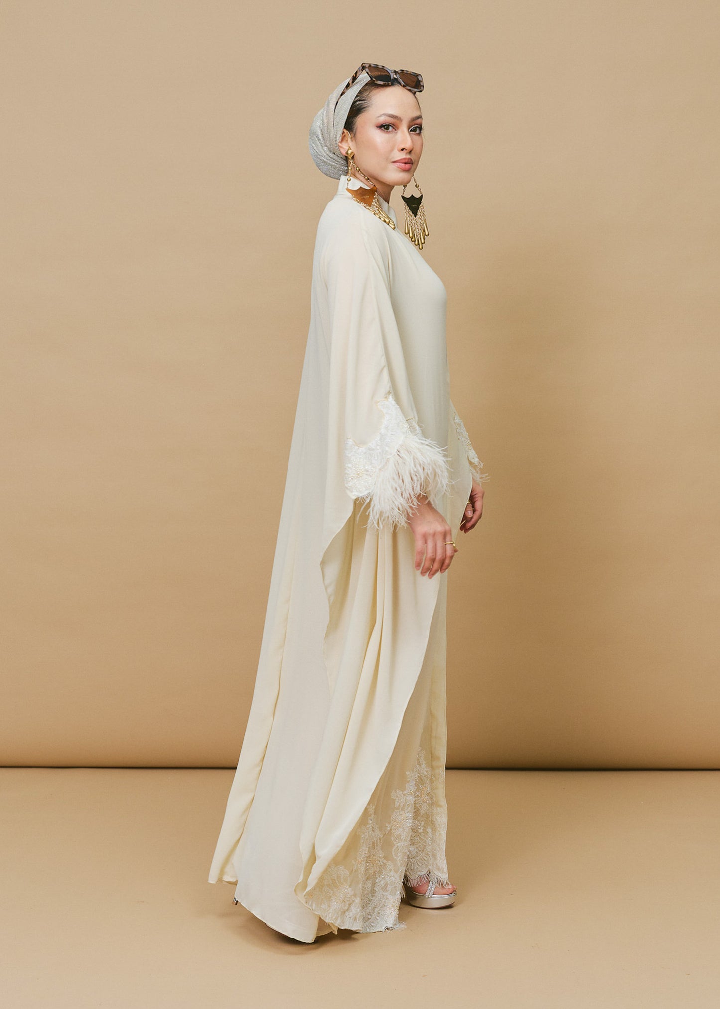 Ivory Chiffon Silk Buttoned Kaftan with Feathers