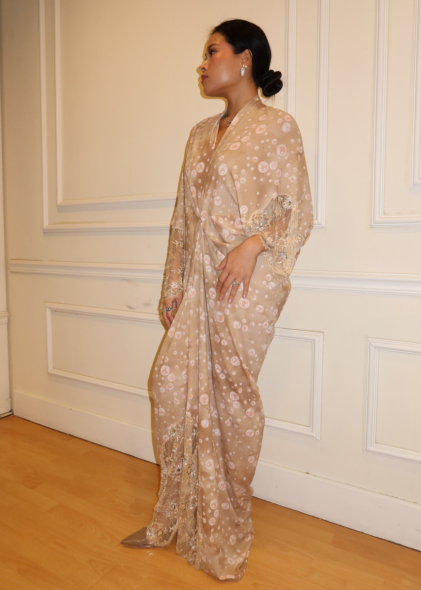 Printed Chiffon Silk Asymmetrical Dress with Beaded French Lace