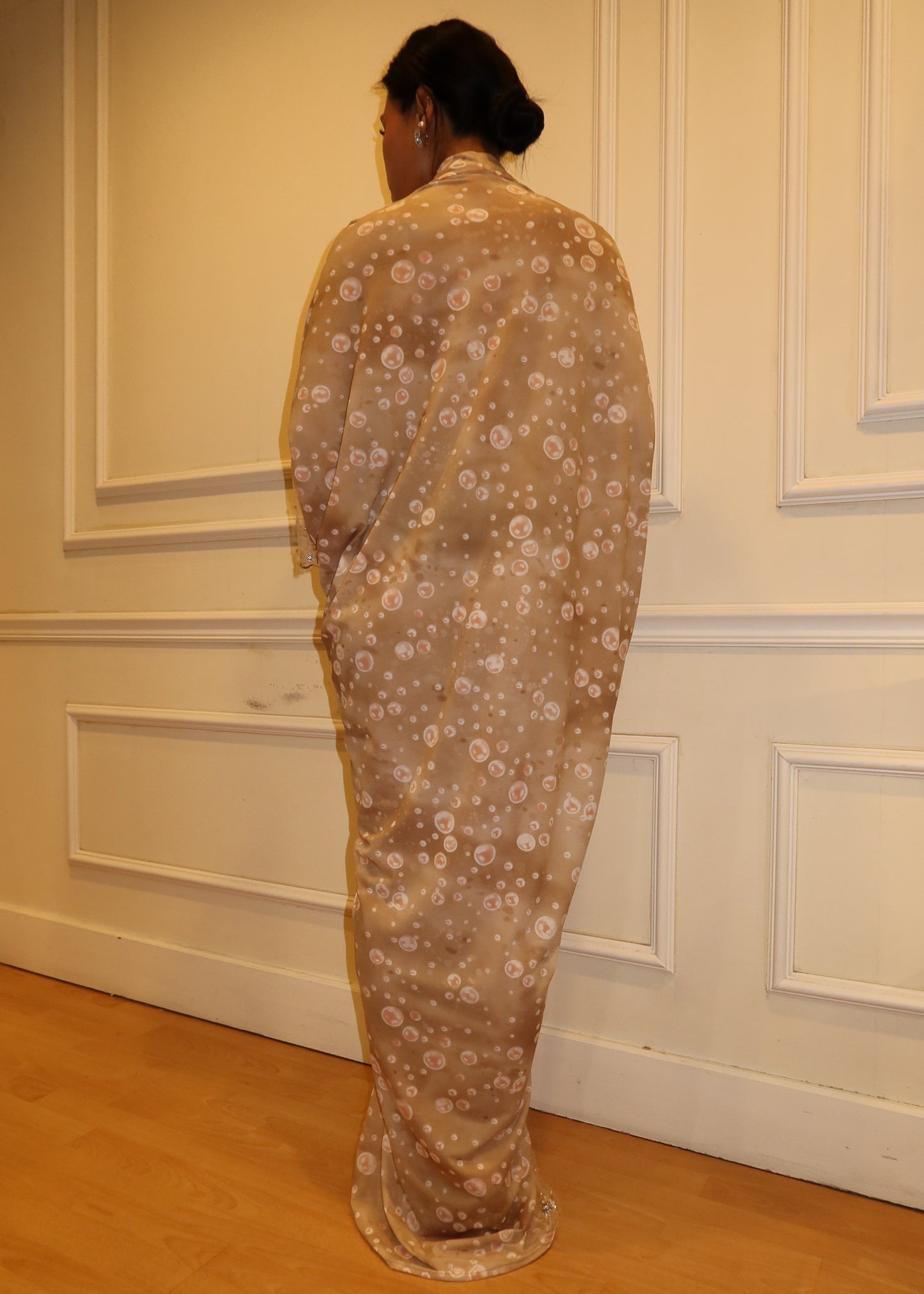 Printed Chiffon Silk Asymmetrical Dress with Beaded French Lace