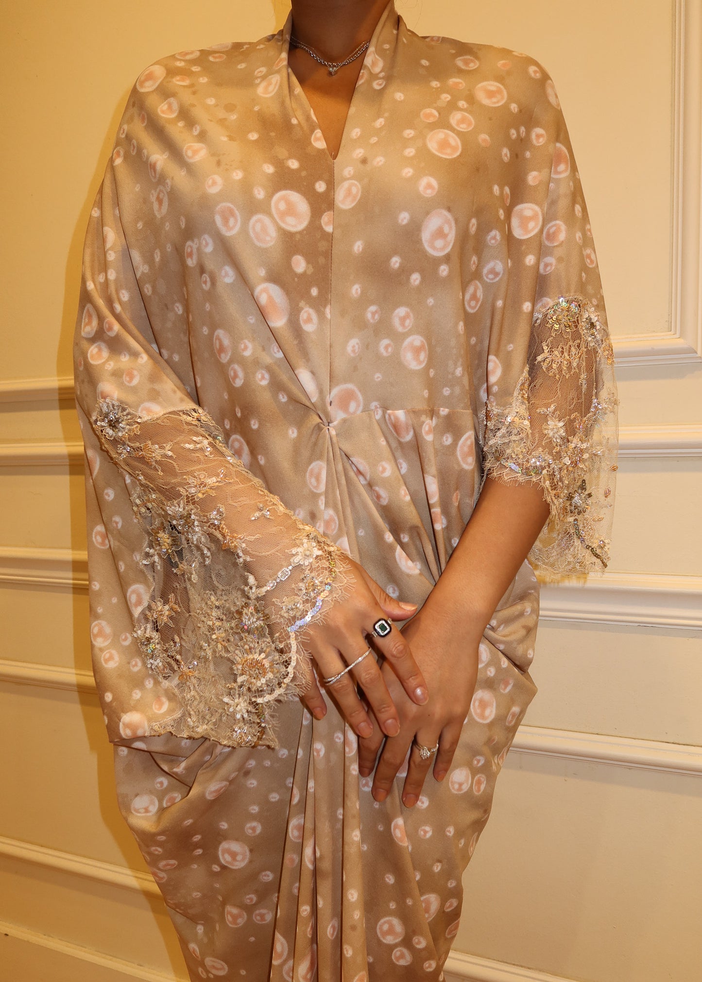 Printed Chiffon Silk Asymmetrical Dress with Beaded French Lace