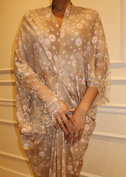 Printed Chiffon Silk Asymmetrical Dress with Beaded French Lace