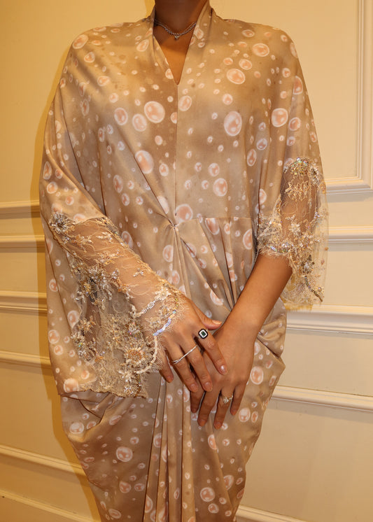 Printed Chiffon Silk Asymmetrical Dress with Beaded French Lace