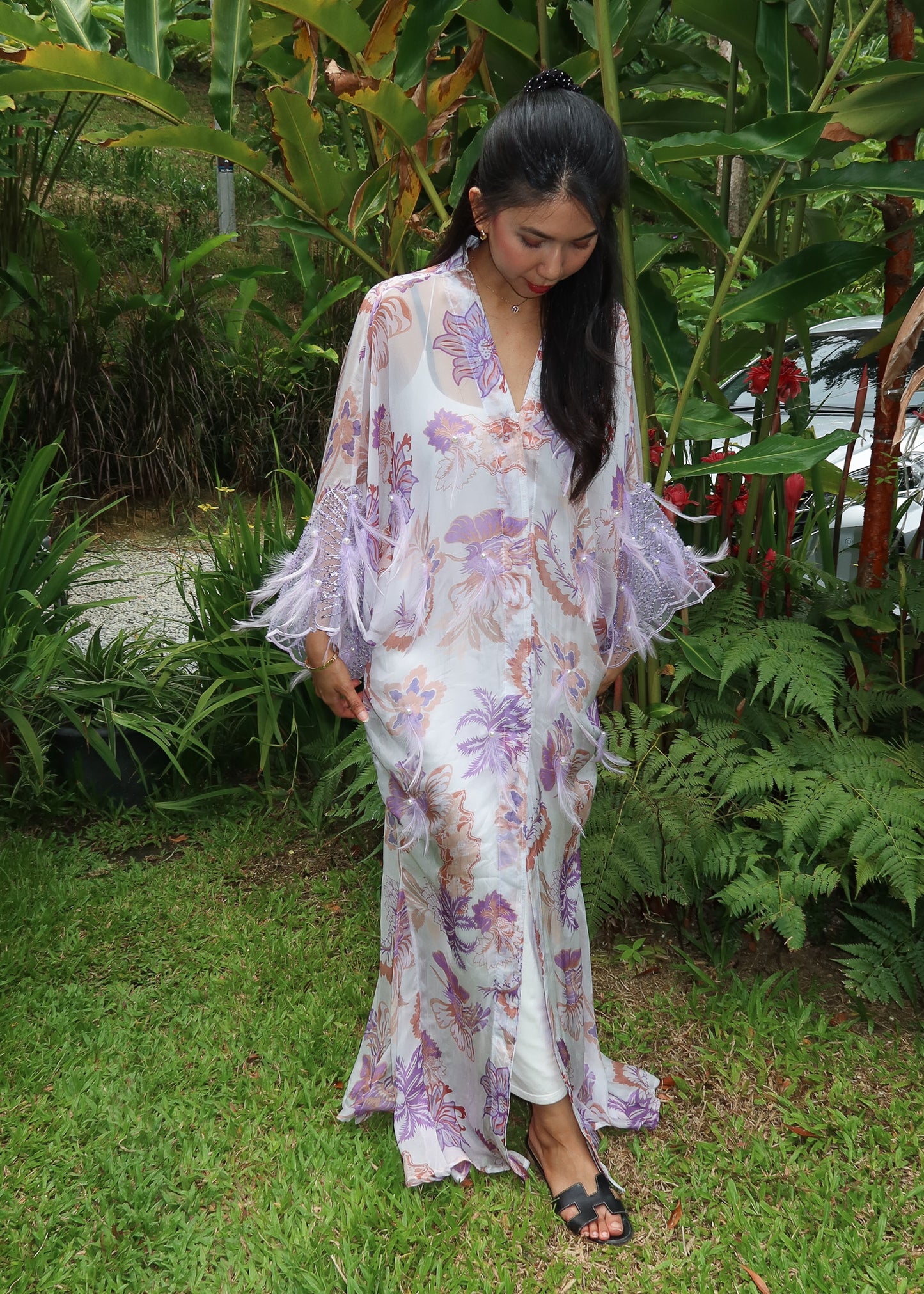 Printed Lavender Outerwear with Feathers and Pearl