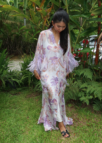 Printed Lavender Outerwear with Feathers and Pearl