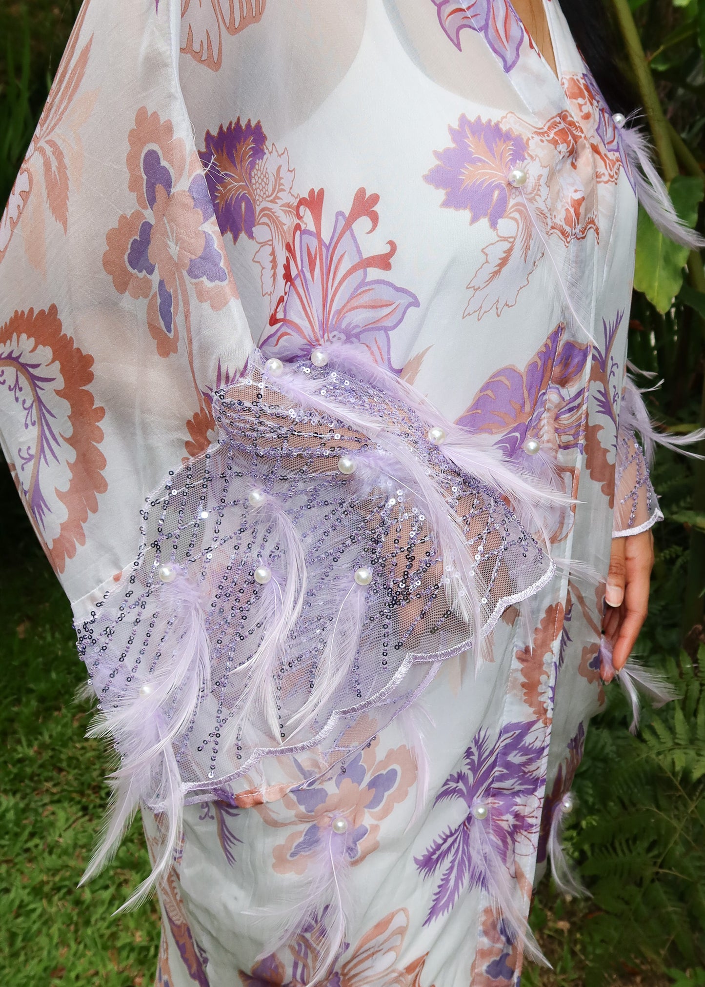 Printed Lavender Outerwear with Feathers and Pearl